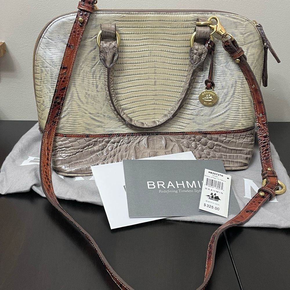 BRAHMIN VIVIAN TRI TEXTURE LIZARD/ CROC EMBOSSED Leather DOME SATCHEL HANDBAG